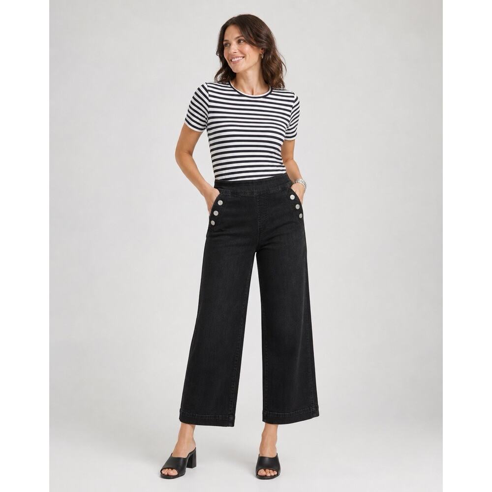 Chicos Pull On Wide Leg Ankle Jeans Black Sailor Button Womens 1.5 US 10